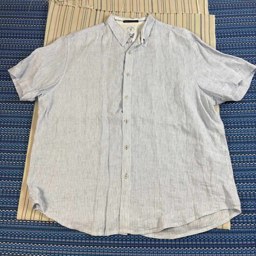 Tommy Bahama Denim Shirt Mens 2XL Blue Stripe Short Sleeve Linen Button Casual E